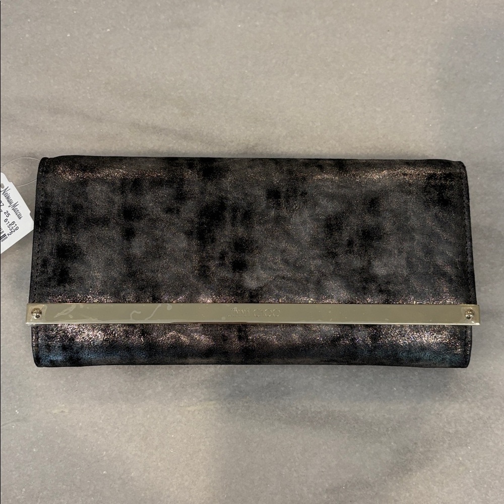 *NEW with tag* Jimmy Choo Charcoal Suede Clutch with Gold Detail.